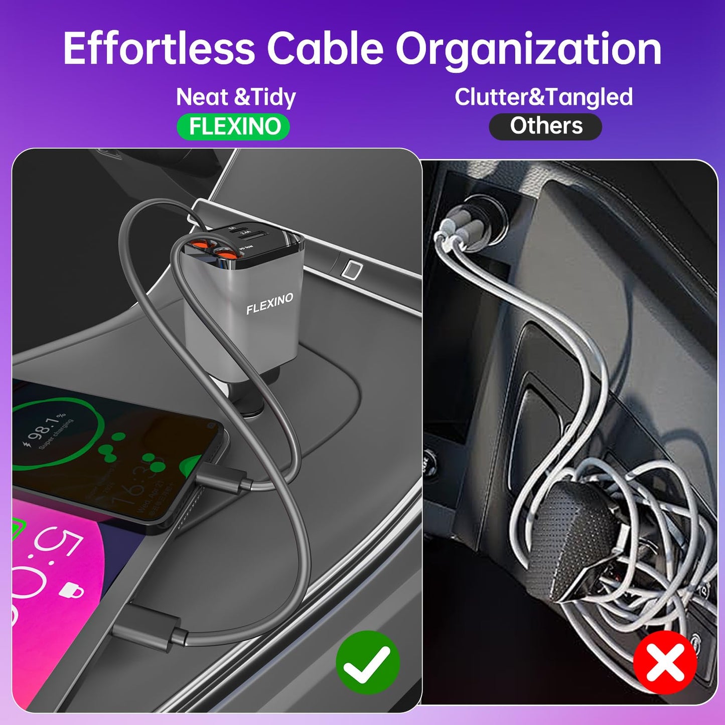 Cargador flexible para iPhone 16, 69W Fast Charging Car Charger USB C, Car Chargers with 2 Retractable Cords 2.6ft, Car Adapter for iPhone 16/15/14/13/12 Series, Galaxy (Grey)