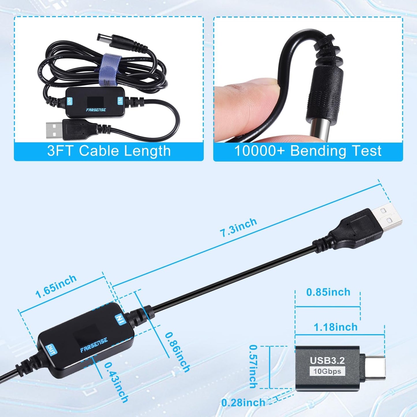 Cable de alimentación elevador de voltaje, USB CC de 5 V a 12 V (3 pies), adaptador USB C a CC de 12 V con conector de CC, convertidor Boost