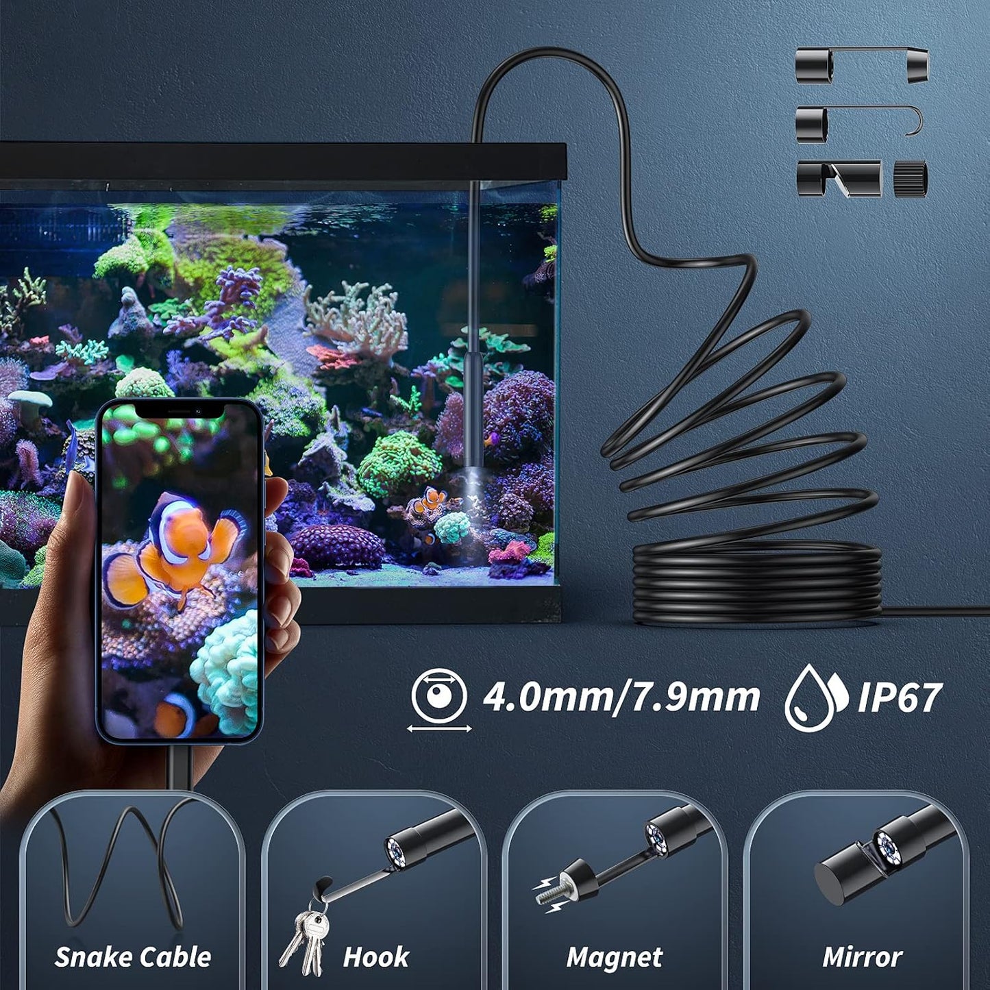 Cámara endoscopio con luz, herramientas de boroscopio HD 1920P con 8 luces LED ajustables, endoscopio con cámara de serpiente semirrígida, boroscopio de inspección impermeable IP67 para iOS y Android: