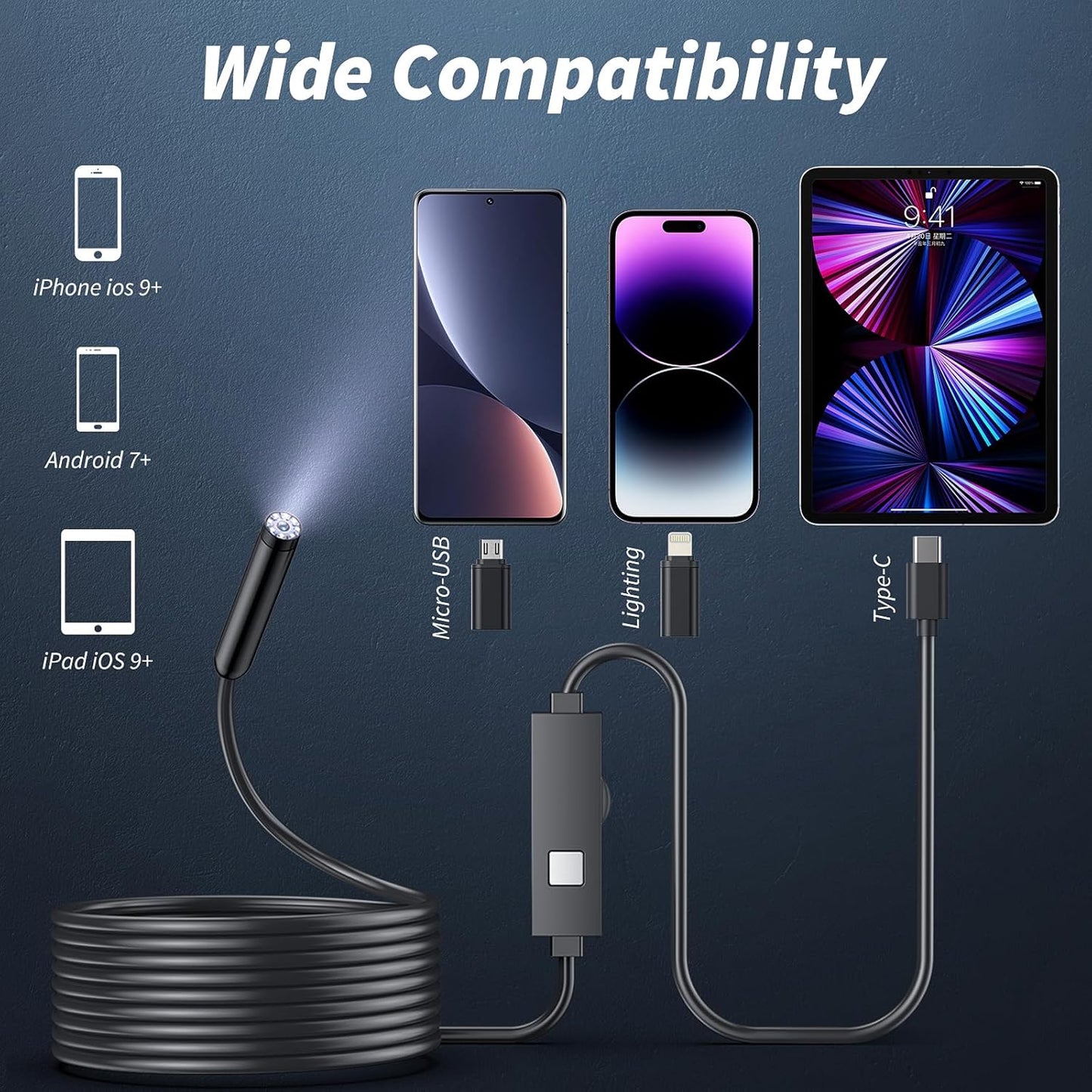 Cámara endoscopio con luz, herramientas de boroscopio HD 1920P con 8 luces LED ajustables, endoscopio con cámara de serpiente semirrígida, boroscopio de inspección impermeable IP67 para iOS y Android: