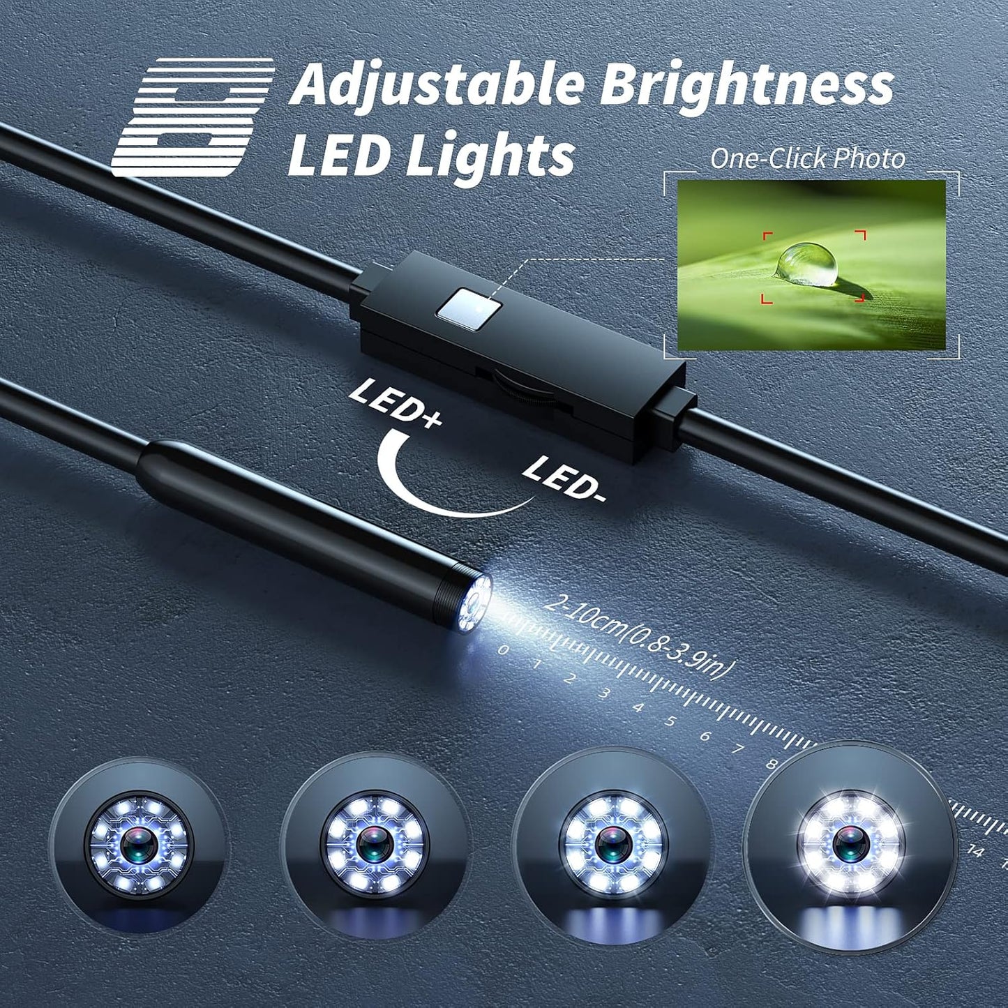 Cámara endoscopio con luz, herramientas de boroscopio HD 1920P con 8 luces LED ajustables, endoscopio con cámara de serpiente semirrígida, boroscopio de inspección impermeable IP67 para iOS y Android: