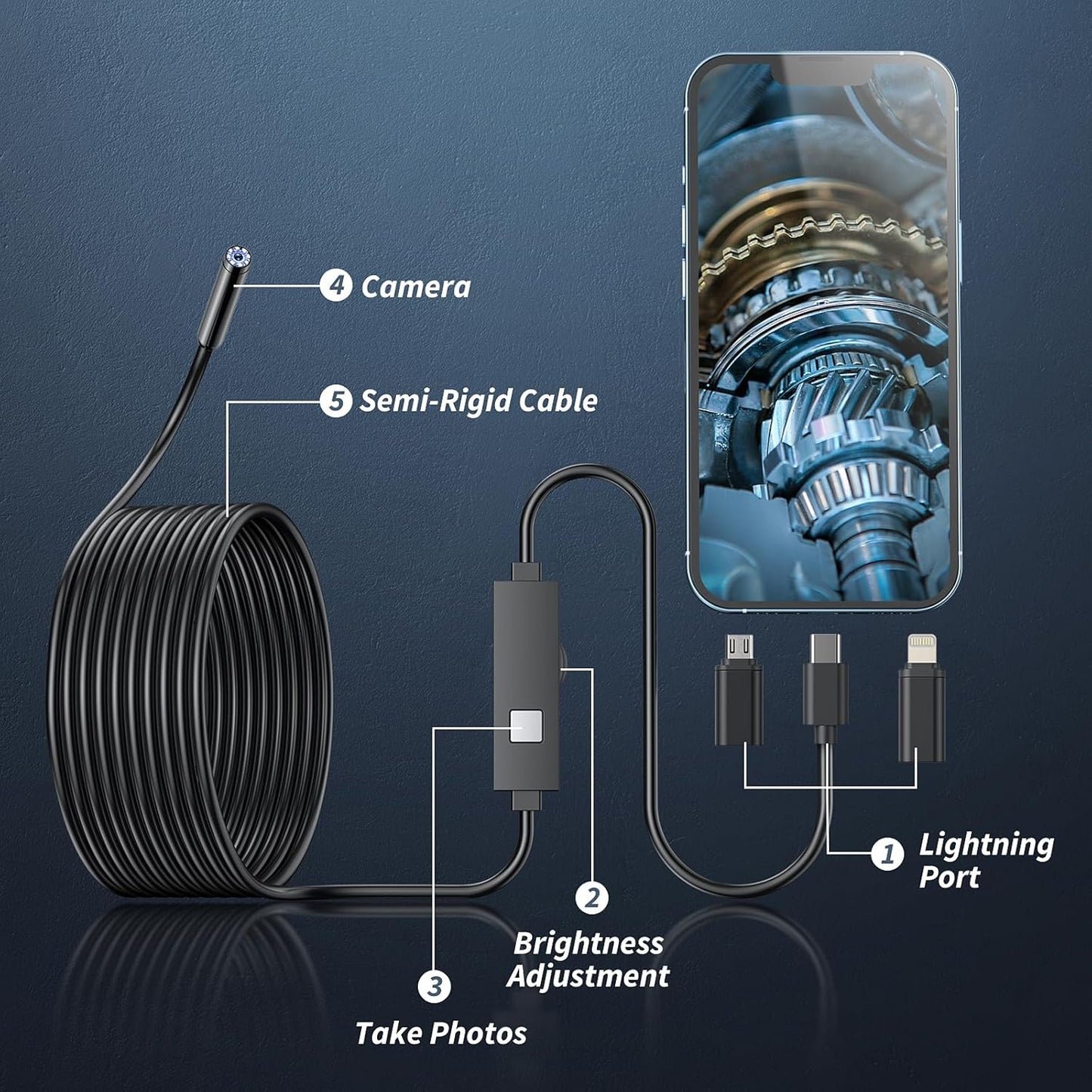Cámara endoscopio con luz, herramientas de boroscopio HD 1920P con 8 luces LED ajustables, endoscopio con cámara de serpiente semirrígida, boroscopio de inspección impermeable IP67 para iOS y Android: