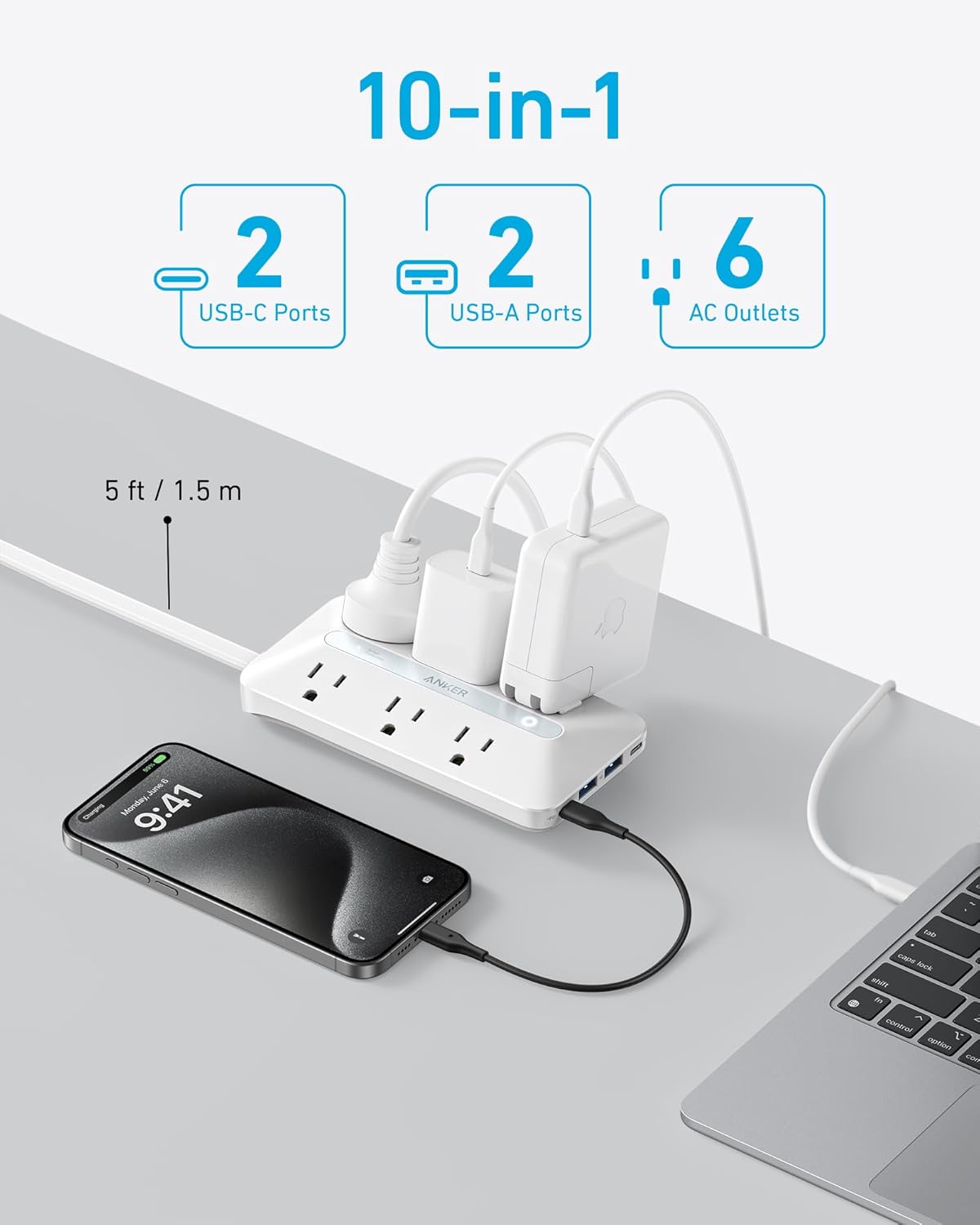 Anker Regleta de alimentación de enchufe plano (300J) con USB C de 20 W, regleta de alimentación ultrafina 10 en 1 con 6 CA, 2 USB-A/2 USB-C, cable de extensión de 5 pies.