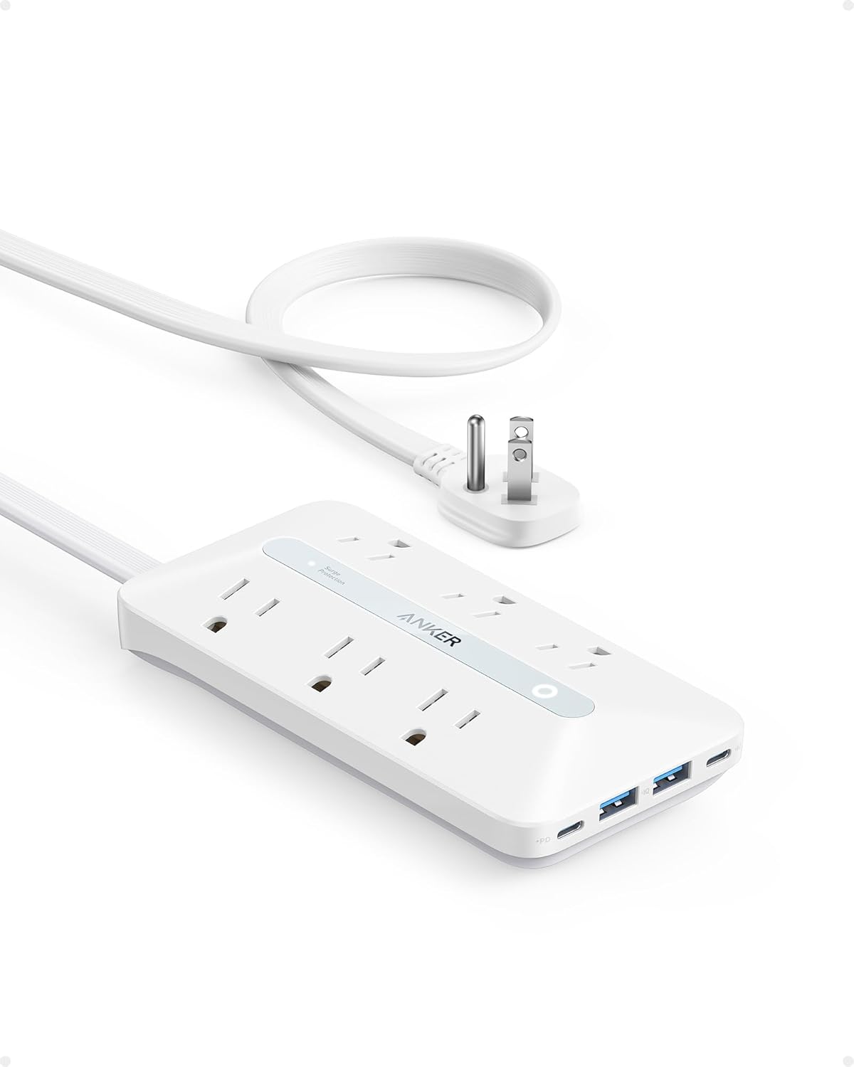 Anker Regleta de alimentación de enchufe plano (300J) con USB C de 20 W, regleta de alimentación ultrafina 10 en 1 con 6 CA, 2 USB-A/2 USB-C, cable de extensión de 5 pies.