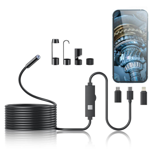 Cámara endoscopio con luz, herramientas de boroscopio HD 1920P con 8 luces LED ajustables, endoscopio con cámara de serpiente semirrígida, boroscopio de inspección impermeable IP67 para iOS y Android: