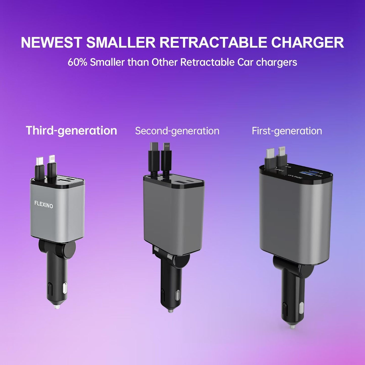 Cargador flexible para iPhone 16, 69W Fast Charging Car Charger USB C, Car Chargers with 2 Retractable Cords 2.6ft, Car Adapter for iPhone 16/15/14/13/12 Series, Galaxy (Grey)