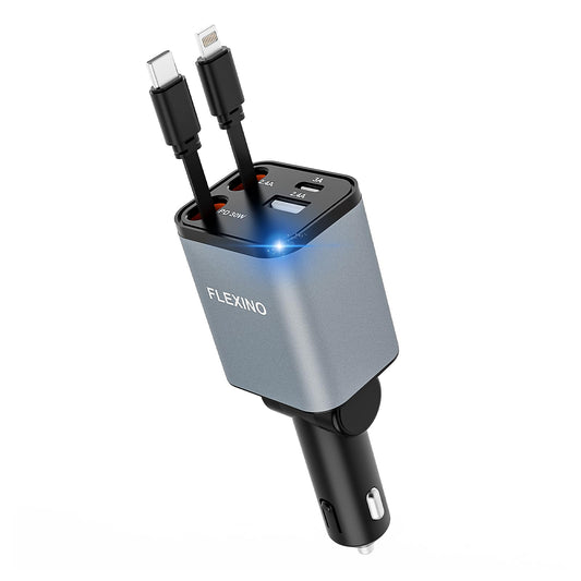 Cargador flexible para iPhone 16, 69W Fast Charging Car Charger USB C, Car Chargers with 2 Retractable Cords 2.6ft, Car Adapter for iPhone 16/15/14/13/12 Series, Galaxy (Grey)