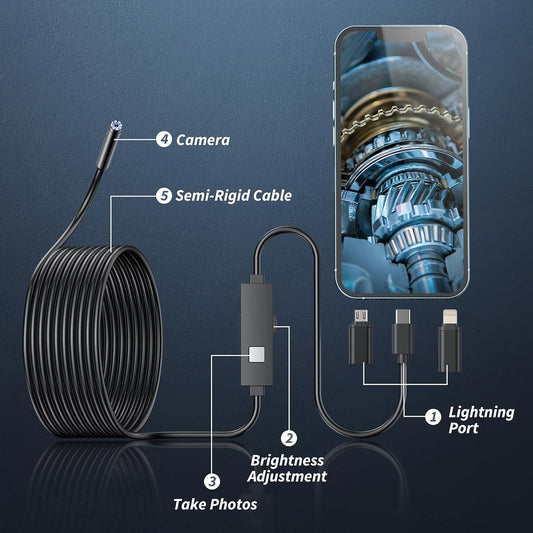 Cámara endoscopio con luz, herramientas de boroscopio HD 1920P con 8 luces LED ajustables, endoscopio con cámara de serpiente semirrígida, boroscopio de inspección impermeable IP67 para iOS y Android: