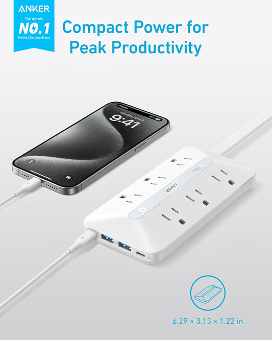 Anker Regleta de alimentación de enchufe plano (300J) con USB C de 20 W, regleta de alimentación ultrafina 10 en 1 con 6 CA, 2 USB-A/2 USB-C, cable de extensión de 5 pies.