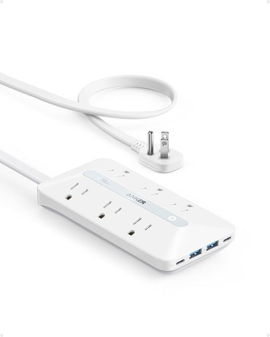 Anker Regleta de alimentación de enchufe plano (300J) con USB C de 20 W, regleta de alimentación ultrafina 10 en 1 con 6 CA, 2 USB-A/2 USB-C, cable de extensión de 5 pies.